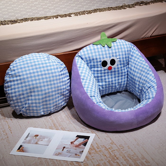 91家纺网 家纺一手货源 找家纺 仟亿莱 2025新款大眼茄子泡泡格蒲团坐垫 蓝格茄子