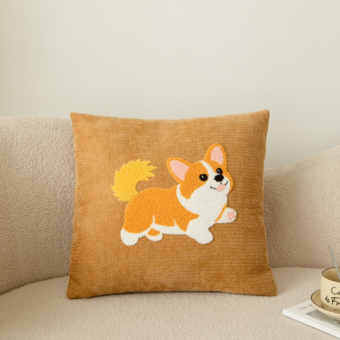 91家纺网 家纺一手货源 找家纺 新奇异 2025新款卡通毛巾绣雪尼尔抱枕 可爱狗-黄色