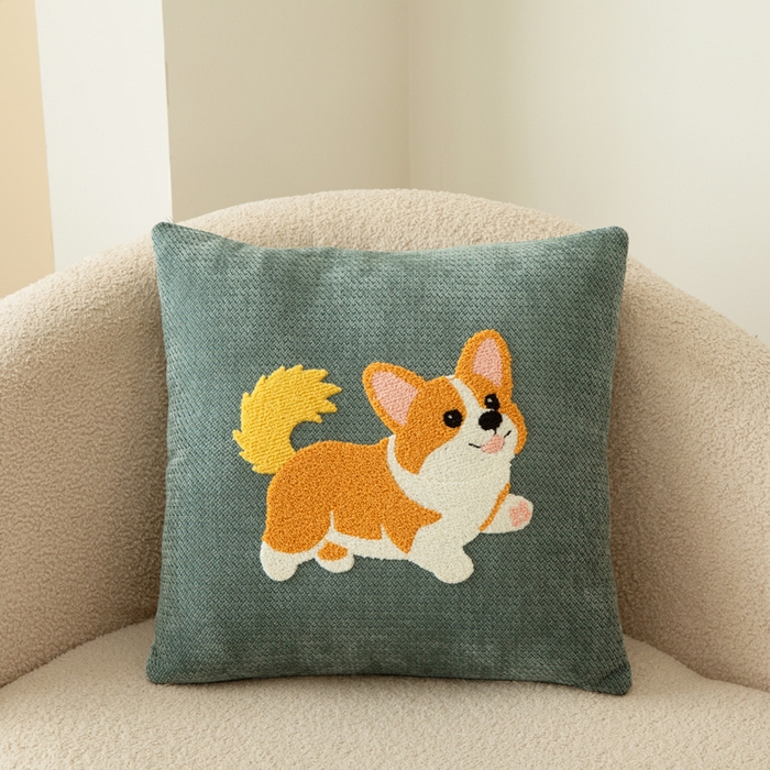 新奇异 2025新款卡通毛巾绣雪尼尔抱枕 可爱狗-蓝色