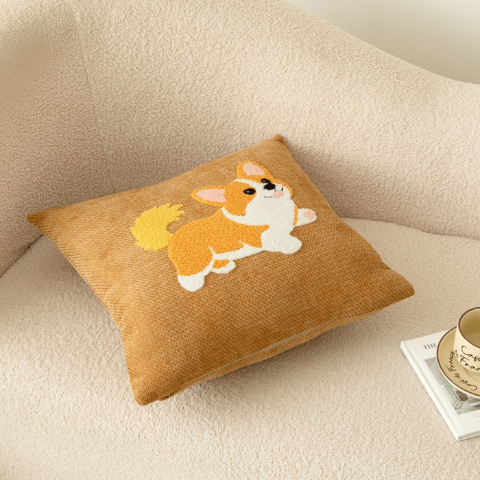 91家纺网 家纺一手货源 找家纺 新奇异 2025新款卡通毛巾绣雪尼尔抱枕 可爱狗-黄色