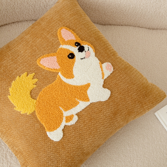91家纺网 家纺一手货源 找家纺 新奇异 2025新款卡通毛巾绣雪尼尔抱枕 可爱狗-黄色