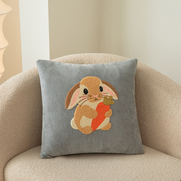 新奇异 2025新款卡通毛巾绣雪尼尔抱枕 萝卜兔-中灰