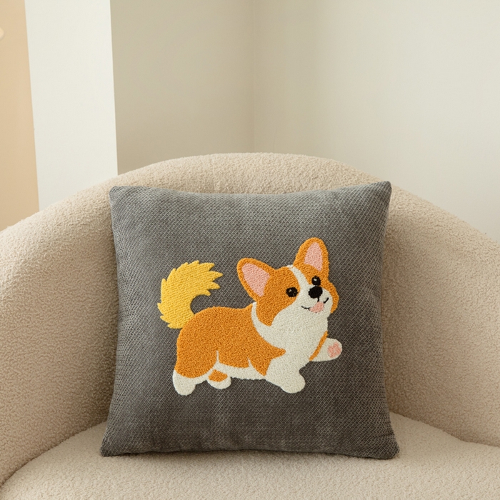 新奇异 2025新款卡通毛巾绣雪尼尔抱枕 可爱狗-深灰色