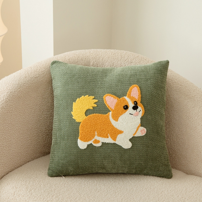 新奇异 2025新款卡通毛巾绣雪尼尔抱枕 可爱狗-绿色