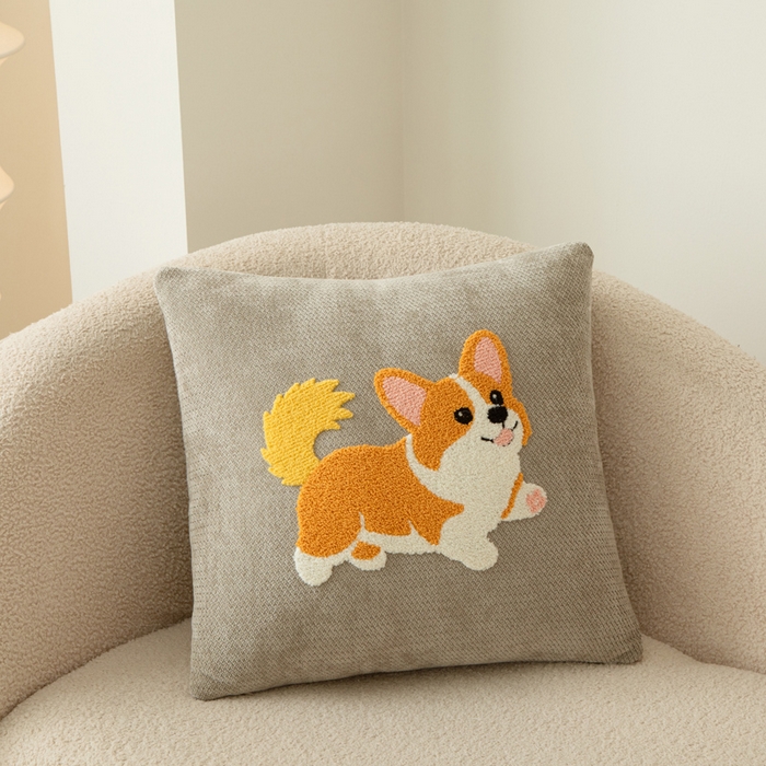 新奇异 2025新款卡通毛巾绣雪尼尔抱枕 可爱狗-浅灰