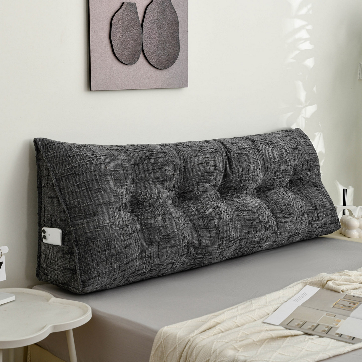 91家纺网 家纺一手货源 找家纺 美达人 2025新款肌理麻三角靠背靠垫 肌理麻-云烟灰-三角