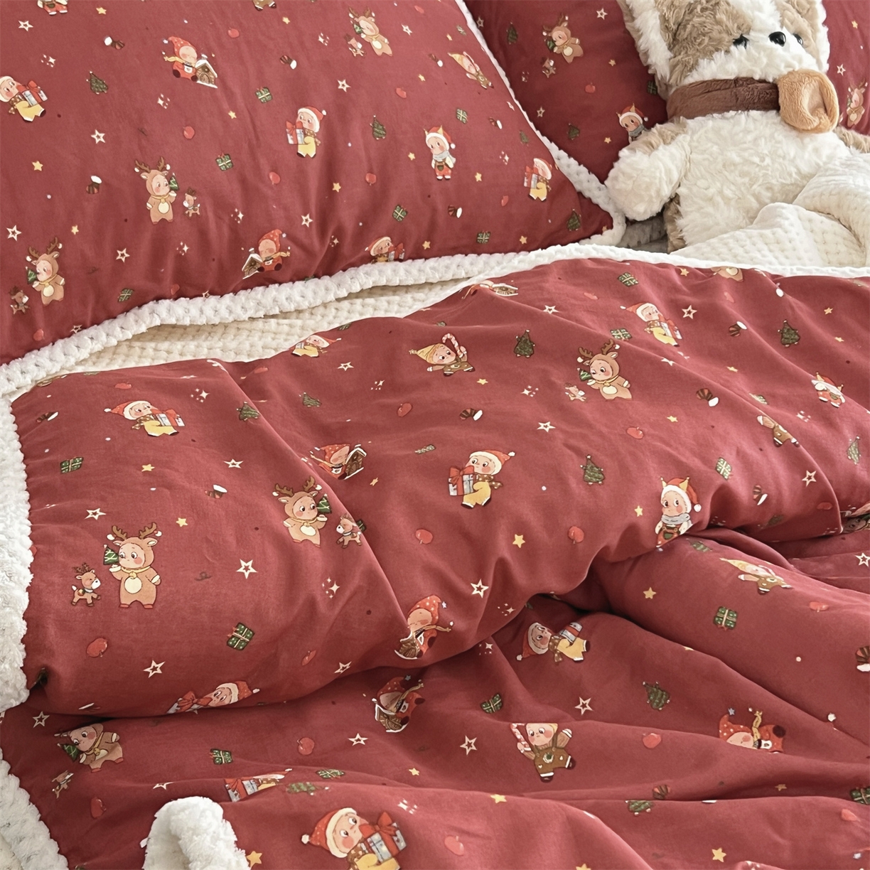 91家纺网 家纺一手货源 找家纺 荣轩 2025秋冬必备新品棉加绒华夫格提花绒工艺款四件套（铺床版） 圣诞星语