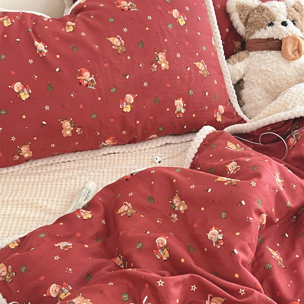 荣轩 2025秋冬必备新品棉加绒华夫格提花绒工艺款四件套（铺床版） 圣诞星语