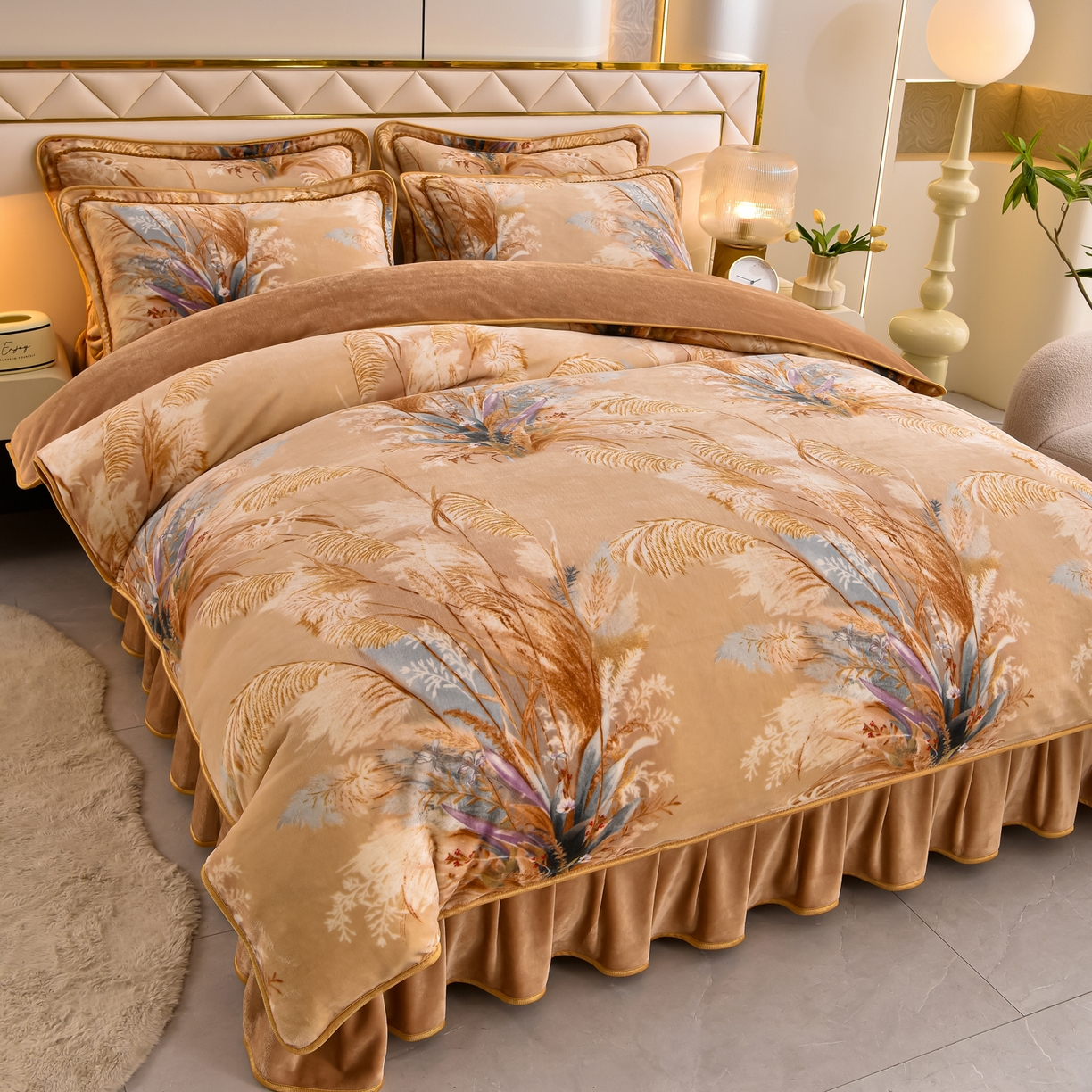 91家纺网 家纺一手货源 找家纺 （总）赫本 2025新品8斤爆品牛奶绒四件套床裙款金雕绒法莱绒四套件