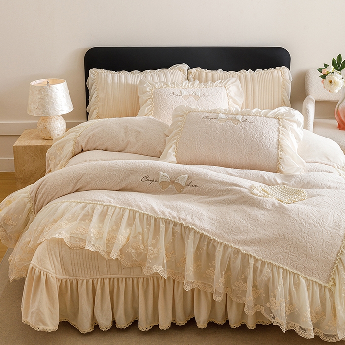 菊上家纺 2025新款雕花绒牛奶绒夹棉床盖款四件套-蝴蝶仙子 蝴蝶仙子-杏