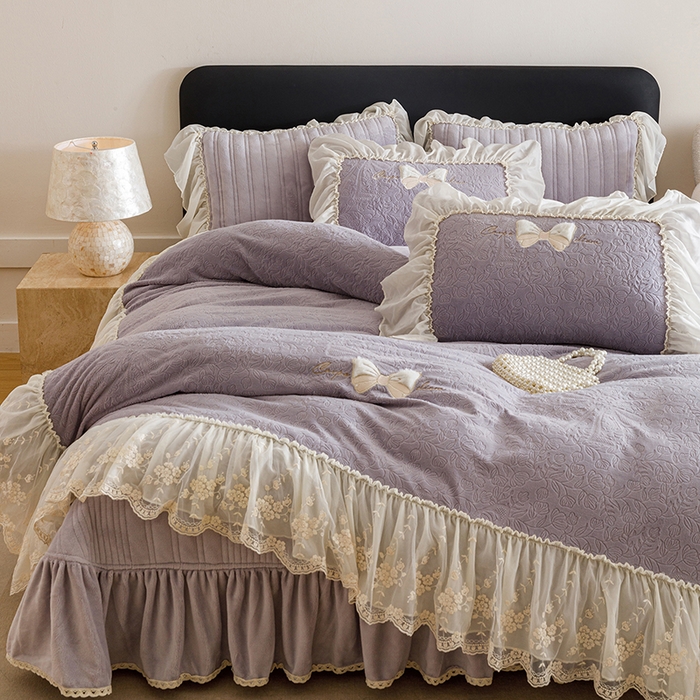 菊上家纺 2025新款雕花绒牛奶绒夹棉床盖款四件套-蝴蝶仙子 蝴蝶仙子-紫