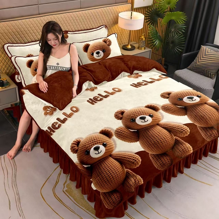 莱凯家纺 2025新款牛奶绒四件套保暖加厚金貂绒套件 泰迪熊