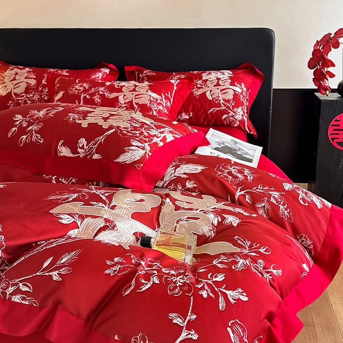 91家纺网 家纺一手货源 找家纺 置顶家纺 2025新款乐囍婚庆简约亲肤系列四件套 乐囍-大红