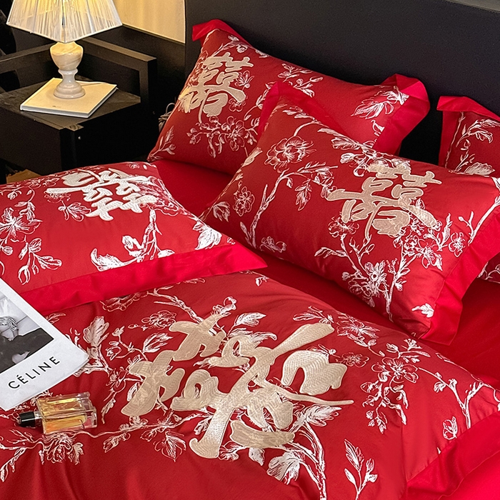 91家纺网 家纺一手货源 找家纺 置顶家纺 2025新款乐囍婚庆简约亲肤系列四件套 乐囍-大红