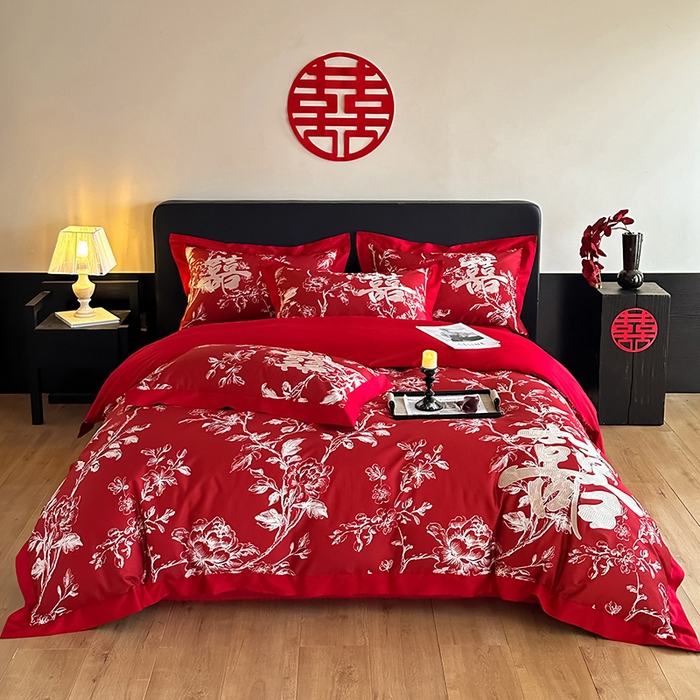 置顶家纺 2025新款乐囍婚庆简约亲肤系列四件套 乐囍-大红