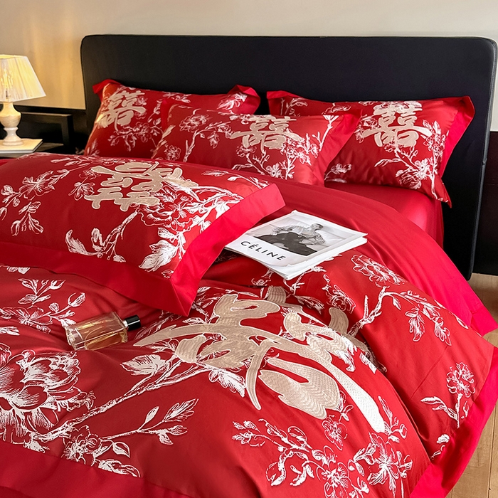 91家纺网 家纺一手货源 找家纺 置顶家纺 2025新款乐囍婚庆简约亲肤系列四件套 乐囍-大红