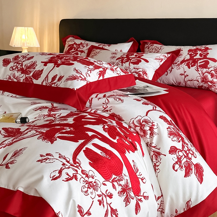 91家纺网 家纺一手货源 找家纺 置顶家纺 2025新款乐囍婚庆简约亲肤系列四件套 乐囍-奶白+大红