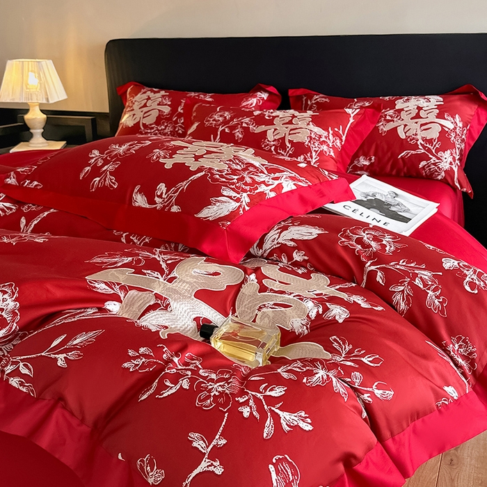 91家纺网 家纺一手货源 找家纺 置顶家纺 2025新款乐囍婚庆简约亲肤系列四件套 乐囍-大红