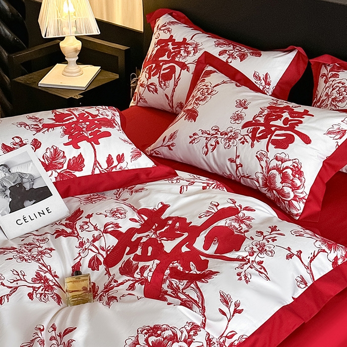 91家纺网 家纺一手货源 找家纺 置顶家纺 2025新款乐囍婚庆简约亲肤系列四件套 乐囍-奶白+大红