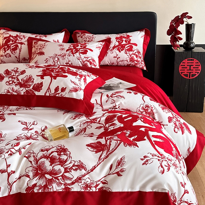 91家纺网 家纺一手货源 找家纺 置顶家纺 2025新款乐囍婚庆简约亲肤系列四件套 乐囍-奶白+大红