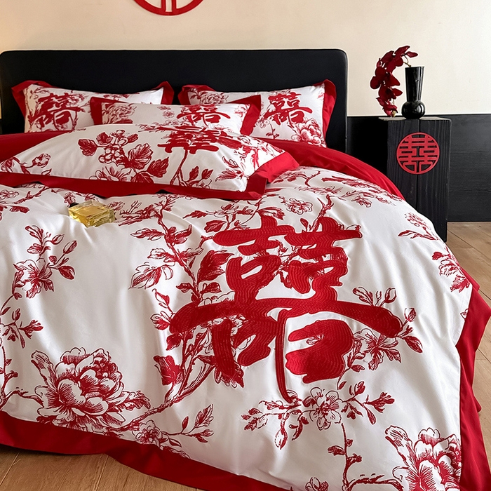 91家纺网 家纺一手货源 找家纺 置顶家纺 2025新款乐囍婚庆简约亲肤系列四件套 乐囍-奶白+大红