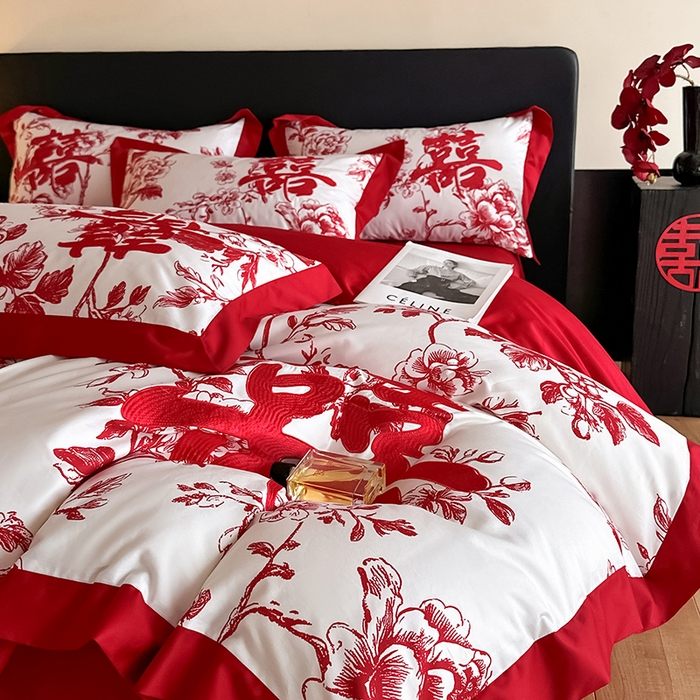 91家纺网 家纺一手货源 找家纺 置顶家纺 2025新款乐囍婚庆简约亲肤系列四件套 乐囍-奶白+大红