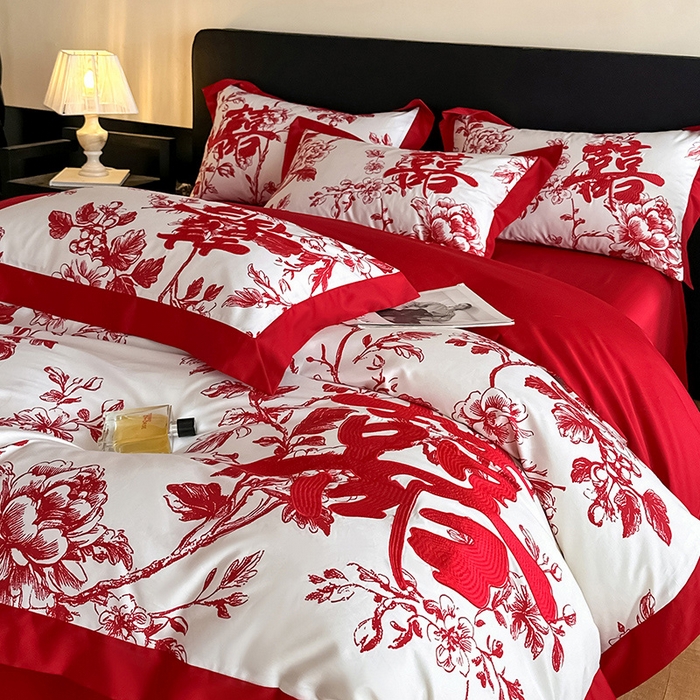 91家纺网 家纺一手货源 找家纺 置顶家纺 2025新款乐囍婚庆简约亲肤系列四件套 乐囍-奶白+大红