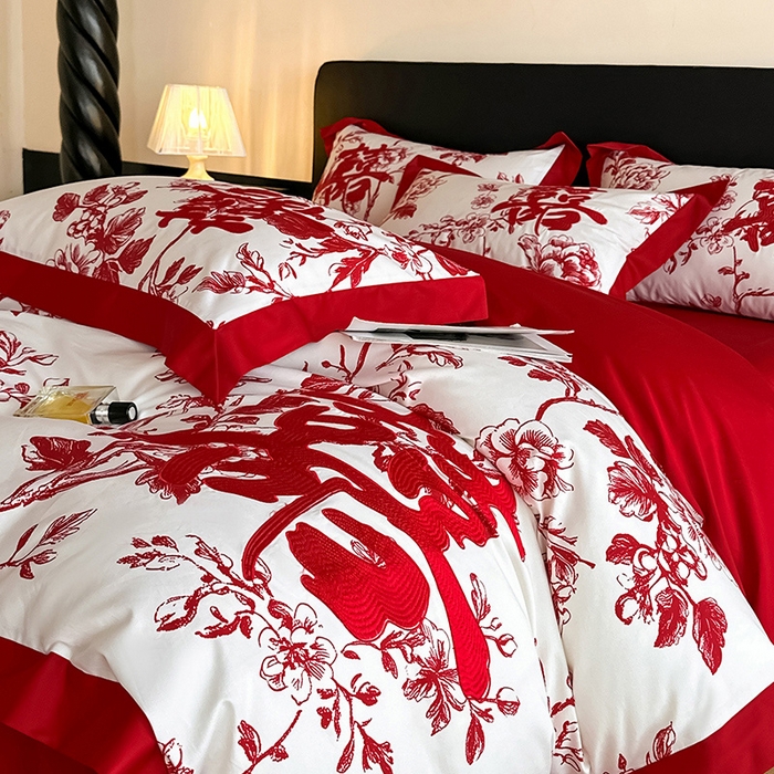 91家纺网 家纺一手货源 找家纺 置顶家纺 2025新款乐囍婚庆简约亲肤系列四件套 乐囍-奶白+大红