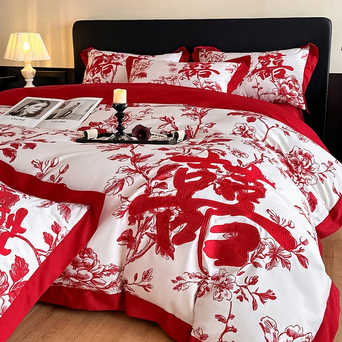 91家纺网 家纺一手货源 找家纺 置顶家纺 2025新款乐囍婚庆简约亲肤系列四件套 乐囍-奶白+大红