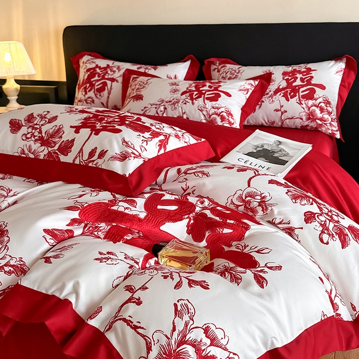 91家纺网 家纺一手货源 找家纺 置顶家纺 2025新款乐囍婚庆简约亲肤系列四件套 乐囍-奶白+大红