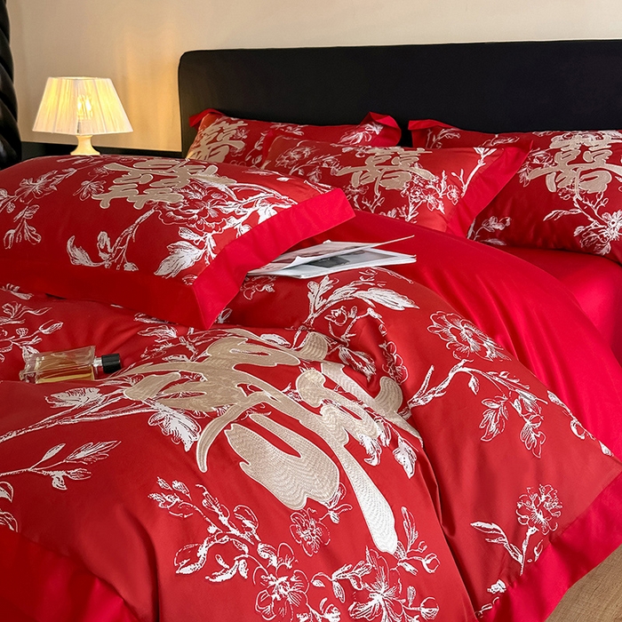 91家纺网 家纺一手货源 找家纺 置顶家纺 2025新款乐囍婚庆简约亲肤系列四件套 乐囍-大红