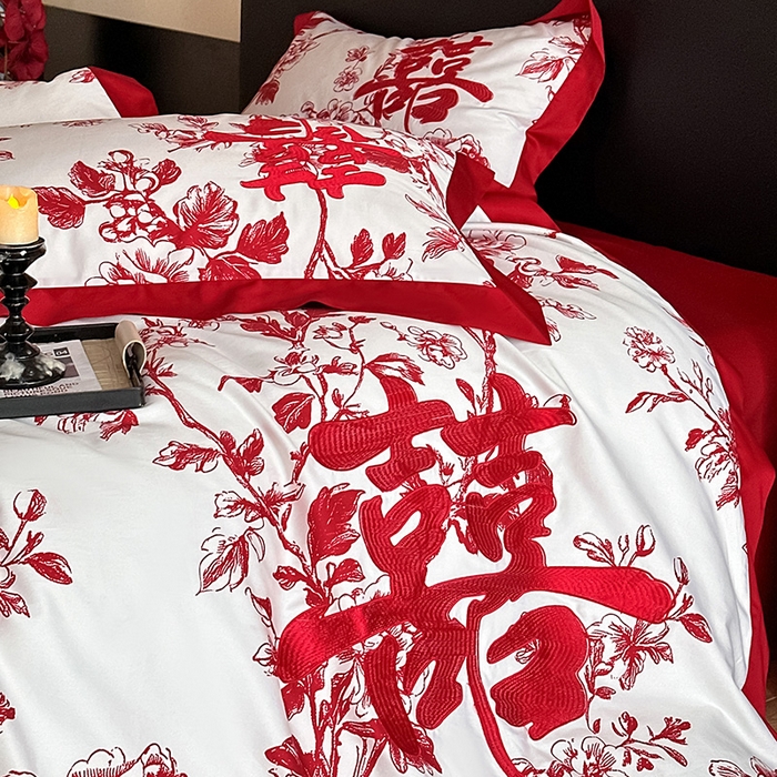 91家纺网 家纺一手货源 找家纺 置顶家纺 2025新款乐囍婚庆简约亲肤系列四件套 乐囍-奶白+大红