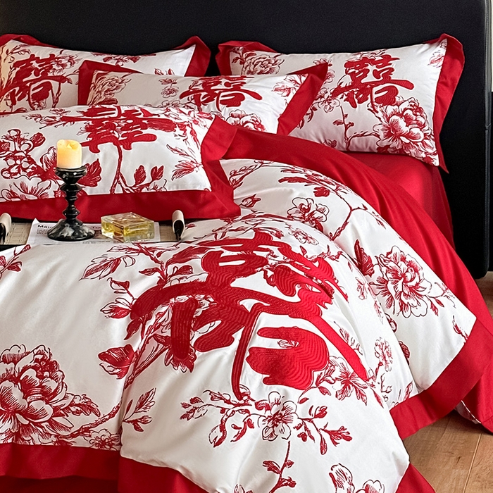 91家纺网 家纺一手货源 找家纺 置顶家纺 2025新款乐囍婚庆简约亲肤系列四件套 乐囍-奶白+大红