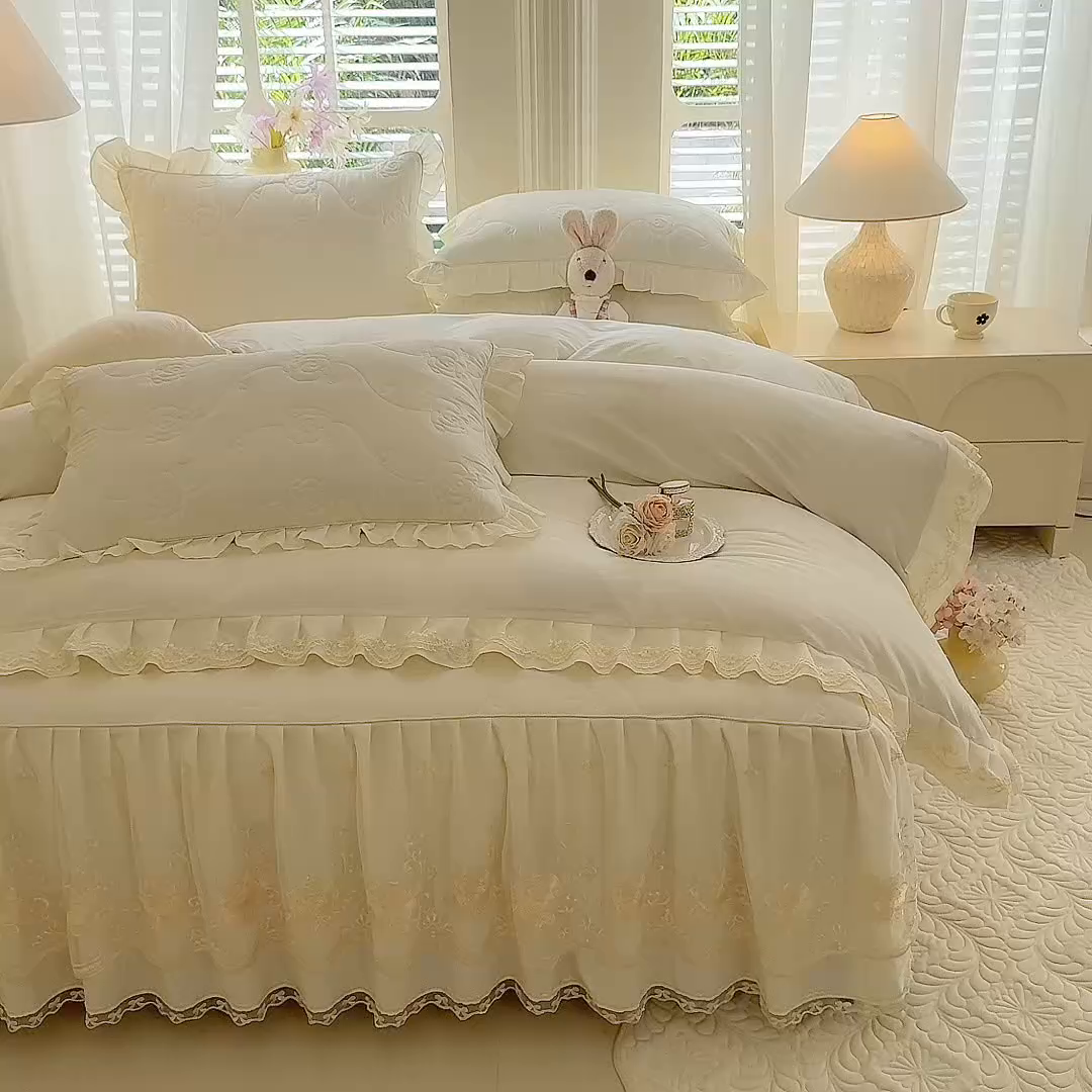 91家纺网 家纺一手货源 找家纺 （总）美达家纺 2025新款玫瑰系列全棉夹棉床裙四件套