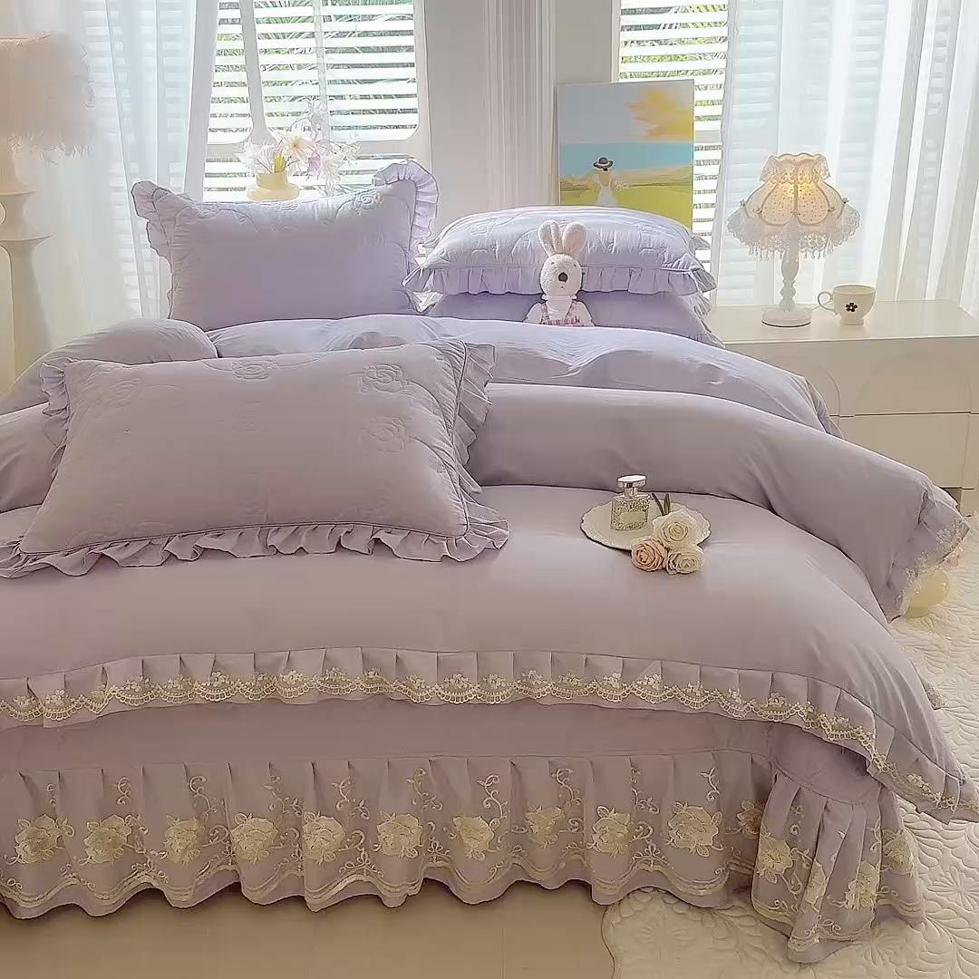 91家纺网 家纺一手货源 找家纺 美达家纺 2025新款玫瑰系列全棉夹棉床盖四件套 玫瑰-紫色