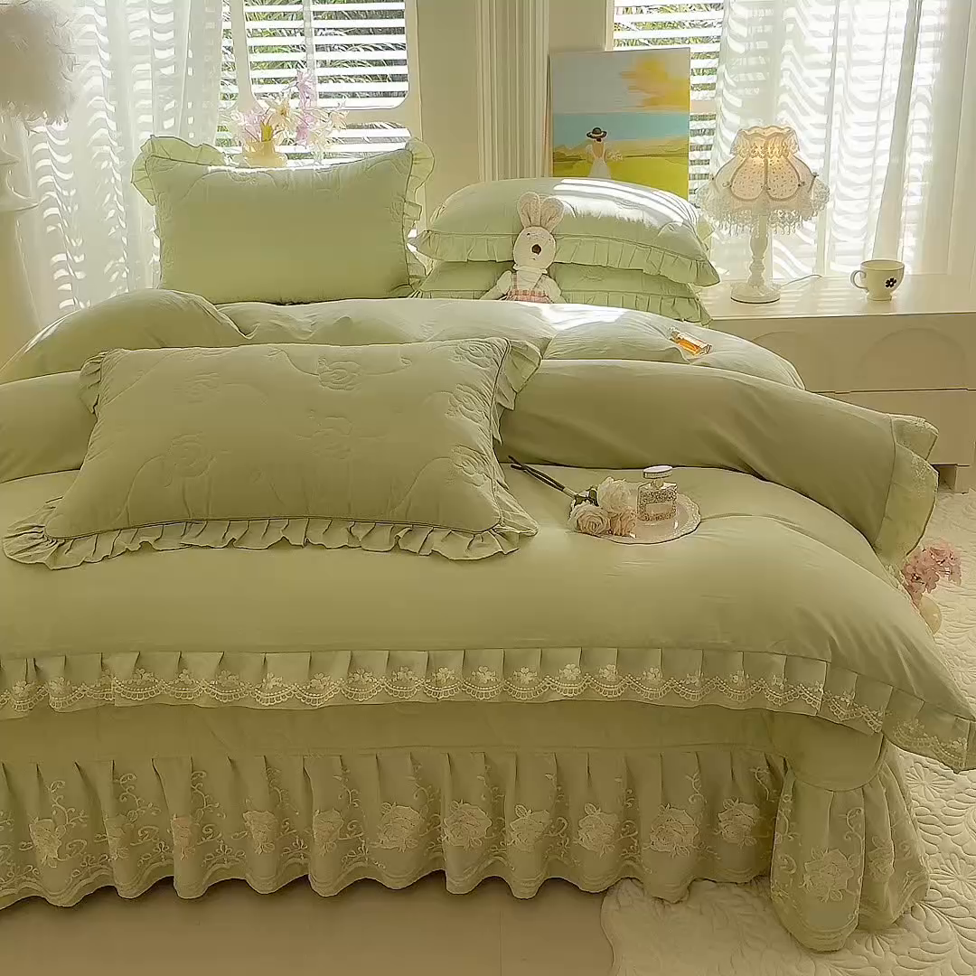 91家纺网 家纺一手货源 找家纺 美达家纺 2025新款玫瑰系列全棉夹棉床盖四件套 玫瑰-嫩绿