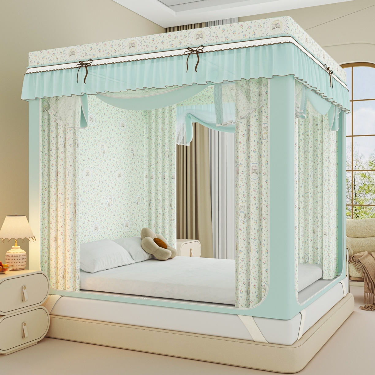 91家纺网 家纺一手货源 找家纺 （总）艾晶美家纺有限公司 2025新款韩版卡通印花坐式蚊帐布帘款