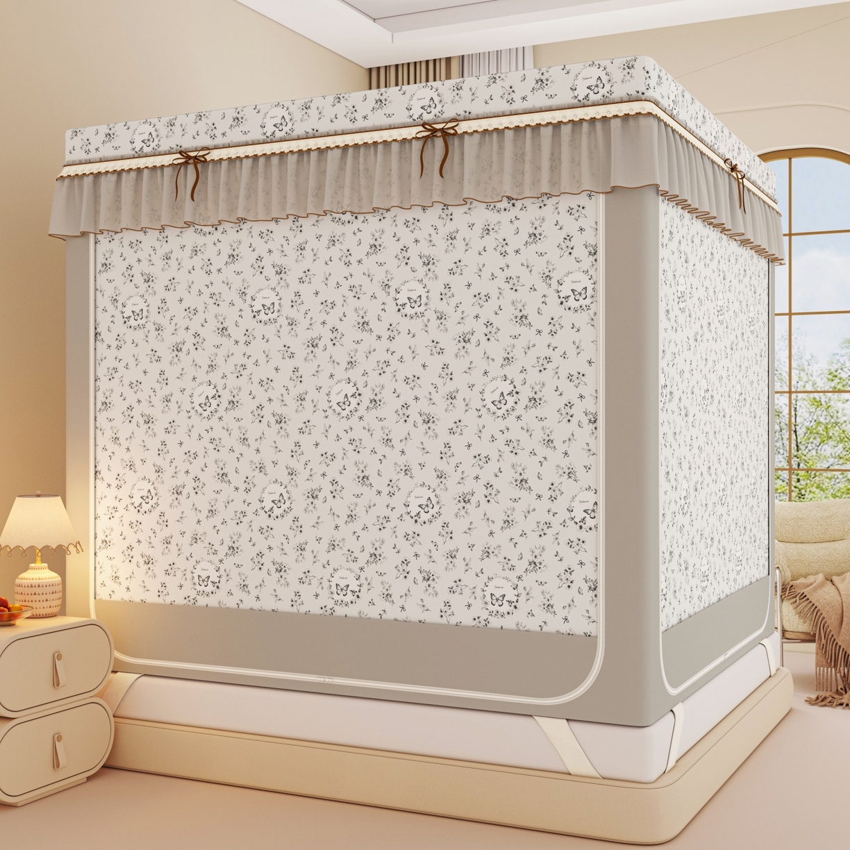 91家纺网 家纺一手货源 找家纺 艾晶美家纺有限公司 2025新款韩版卡通印花坐式蚊帐布帘款 蝶恋花