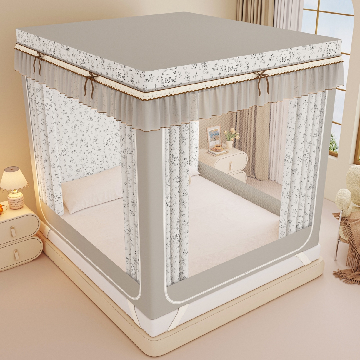 91家纺网 家纺一手货源 找家纺 艾晶美家纺有限公司 2025新款韩版卡通印花坐式蚊帐布帘款 蝶恋花