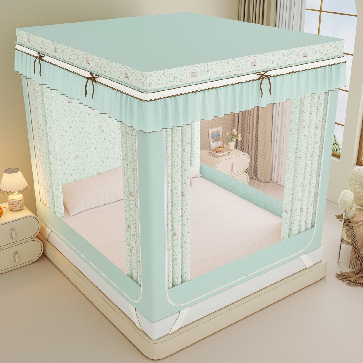 91家纺网 家纺一手货源 找家纺 艾晶美家纺有限公司 2025新款韩版卡通印花坐式蚊帐布帘款 猫星公主