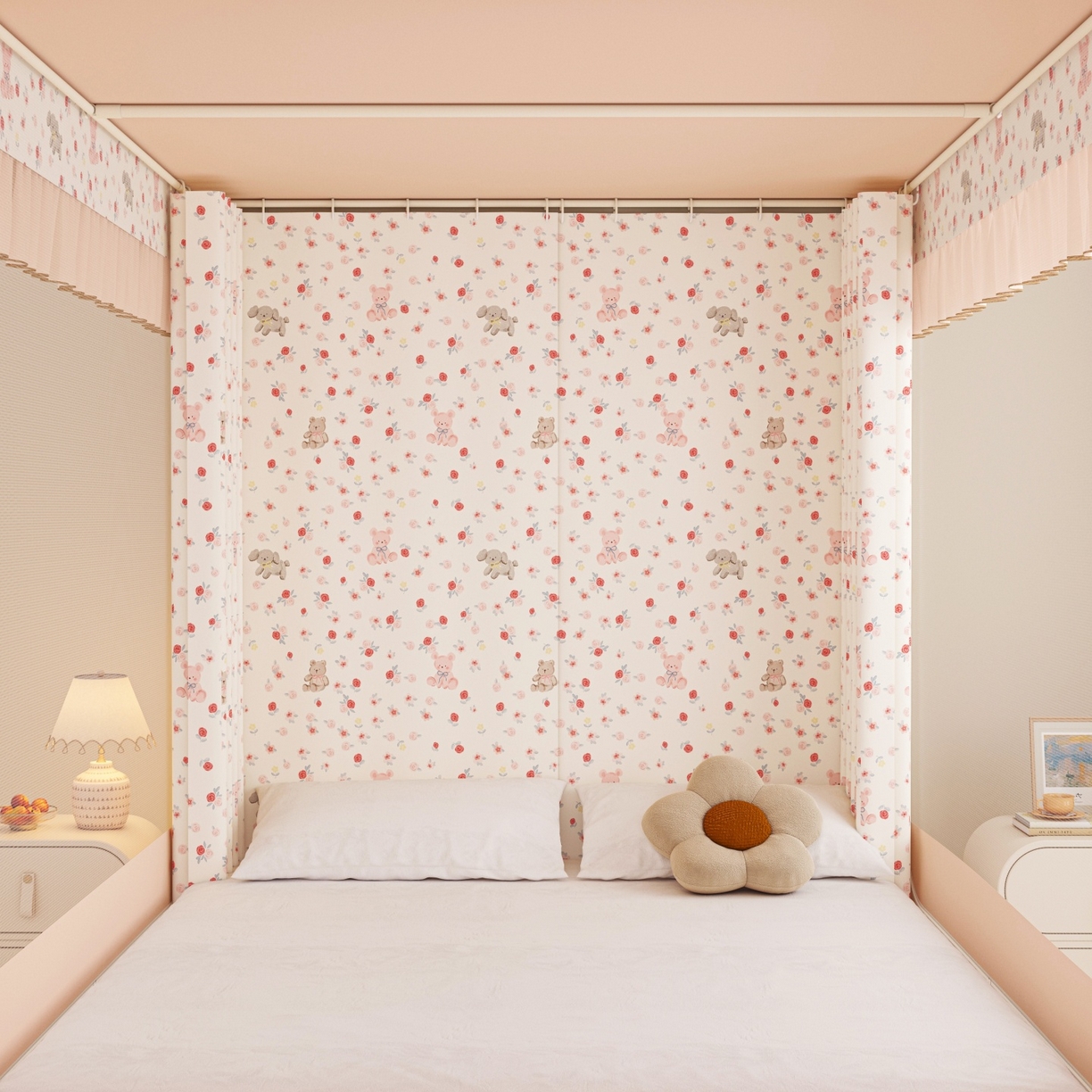 91家纺网 家纺一手货源 找家纺 艾晶美家纺有限公司 2025新款韩版卡通印花坐式蚊帐布帘款 玫瑰小熊