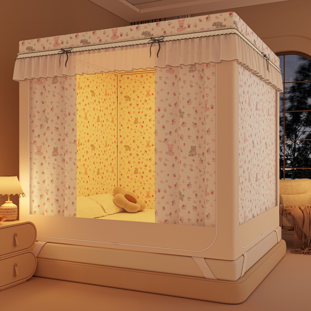 91家纺网 家纺一手货源 找家纺 艾晶美家纺有限公司 2025新款韩版卡通印花坐式蚊帐布帘款 玫瑰小熊