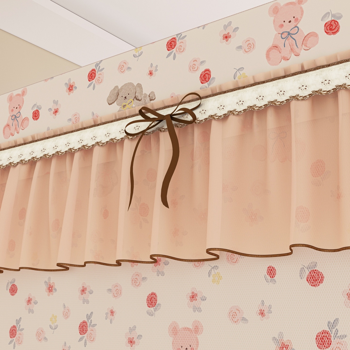 91家纺网 家纺一手货源 找家纺 艾晶美家纺有限公司 2025新款韩版卡通印花坐式蚊帐布帘款 玫瑰小熊