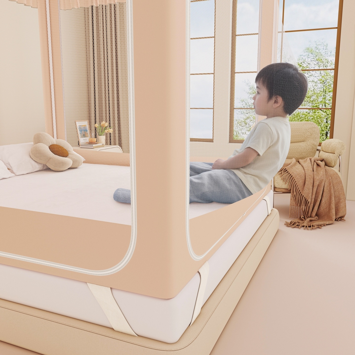 91家纺网 家纺一手货源 找家纺 艾晶美家纺有限公司 2025新款韩版卡通印花坐式蚊帐布帘款 玫瑰小熊