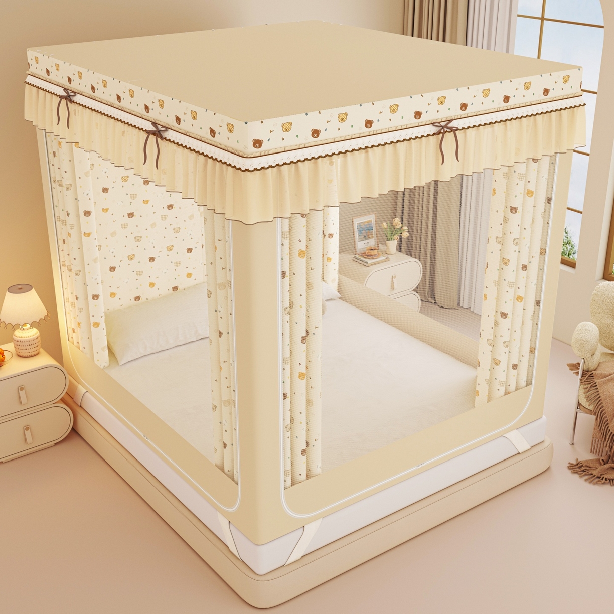 91家纺网 家纺一手货源 找家纺 艾晶美家纺有限公司 2025新款韩版卡通印花坐式蚊帐布帘款 米格熊