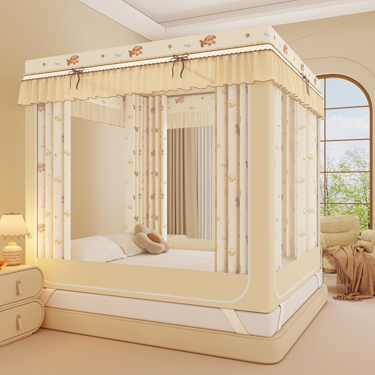 艾晶美家纺有限公司 2025新款韩版卡通印花坐式蚊帐布帘款 香蕉泰迪