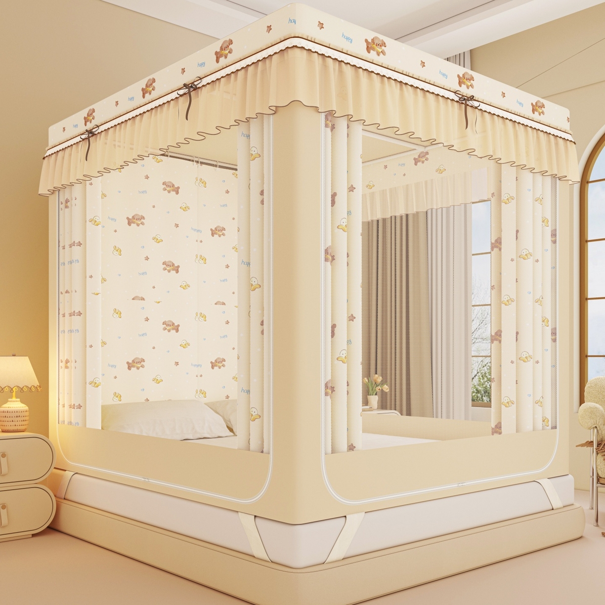 91家纺网 家纺一手货源 找家纺 艾晶美家纺有限公司 2025新款韩版卡通印花坐式蚊帐布帘款 香蕉泰迪