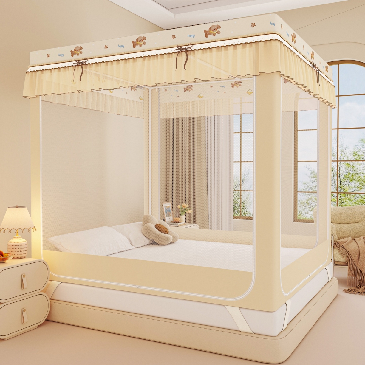 91家纺网 家纺一手货源 找家纺 艾晶美家纺有限公司 2025新款韩版卡通印花坐式蚊帐布帘款 香蕉泰迪