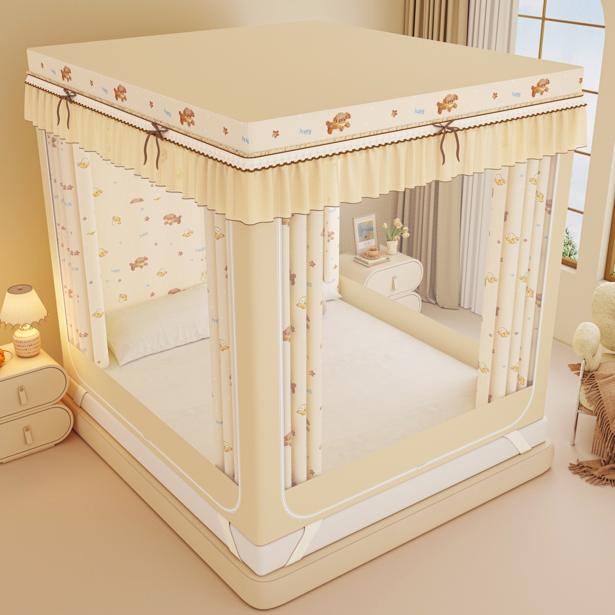 91家纺网 家纺一手货源 找家纺 艾晶美家纺有限公司 2025新款韩版卡通印花坐式蚊帐布帘款 香蕉泰迪