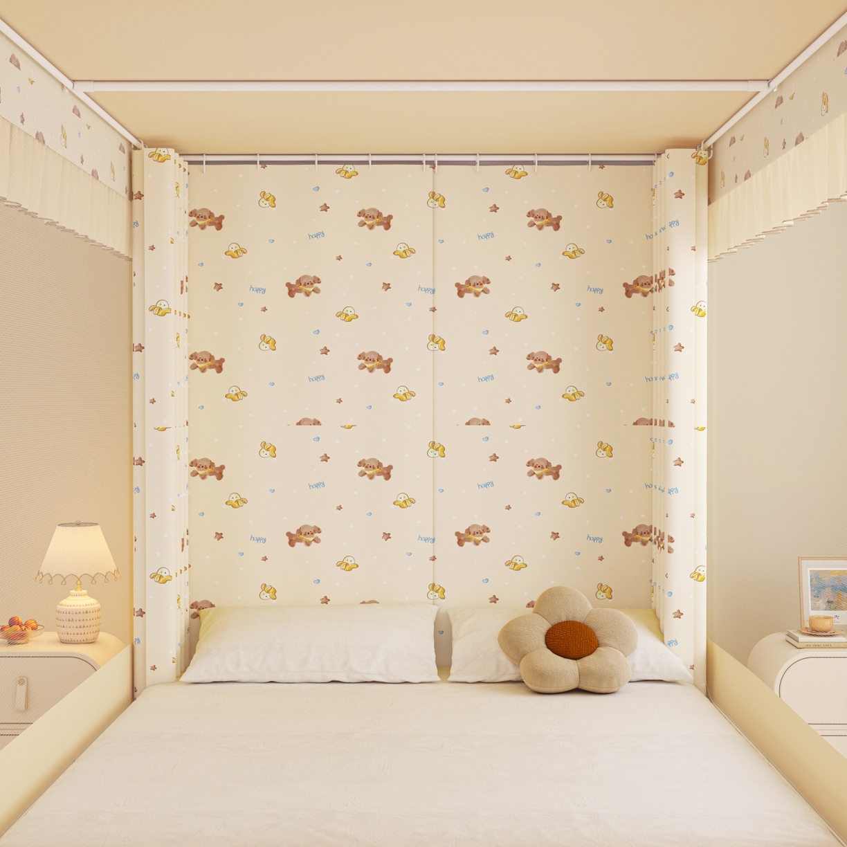 91家纺网 家纺一手货源 找家纺 艾晶美家纺有限公司 2025新款韩版卡通印花坐式蚊帐布帘款 香蕉泰迪